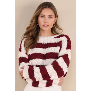 Easy Charisma Ivory and Red Striped Boucle Cropped Sweater